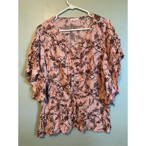 Maurices Floral Flutter Short Sleeve Ruched Front Tie Detail Blouse Top XL